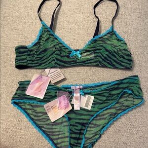 Savage X Fenty Green Zebra-Print Bralette & Bikini Set with Teal Lace